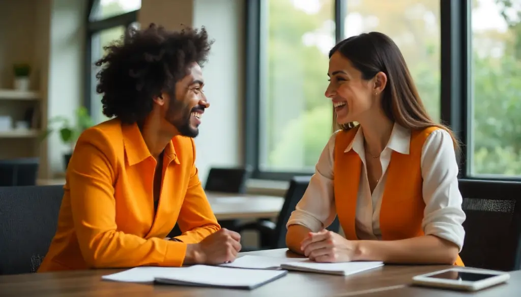 Duas pessoas de escritório sorrindo e conversando sobre férias durante uma reunião descontraída com vista para a natureza.
