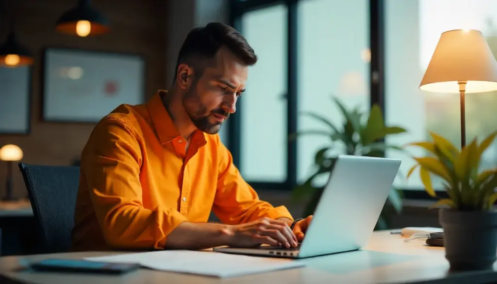 Homem trabalhando com laptop em ambiente de escritório ensolarado, ideal para quem busca dicas e inspirações de férias e descanso.