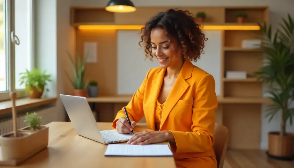 Mulher feliz trabalhando de casa em férias, usando blazer laranja, com laptop e anotando ideias, simbolizando produtividade e realização pessoal nas férias.