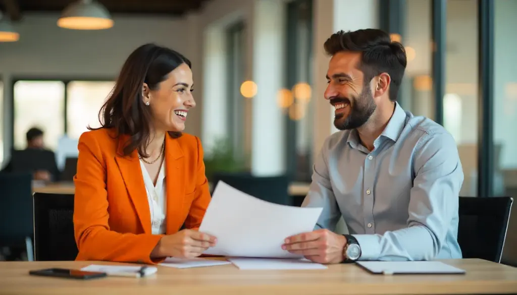 Dupla de profissionais sorrindo durante uma pesquisa de Clima Organizacional, discutindo estratégias para melhorar o ambiente de trabalho.