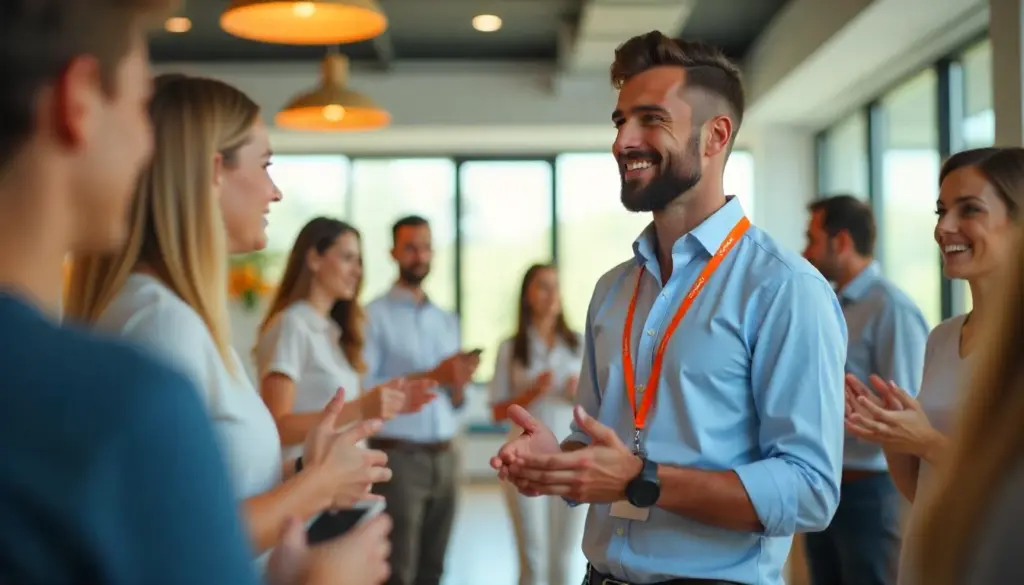 Imagem de um evento corporativo com profissionais sorrindo e interagindo, promovendo Employer Branding e fortalecimento da cultura da empresa.
