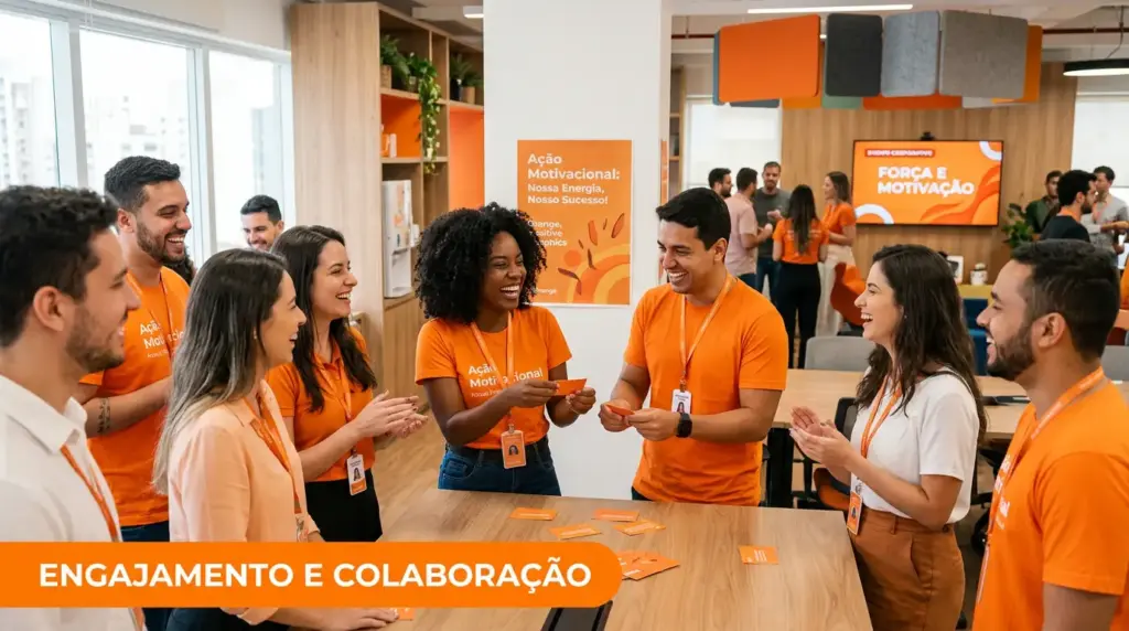 Equipe em um evento corporativo de endomarketing, com participantes sorrindo e interagindo em um ambiente de trabalho, usando camisetas laranjas e crachás