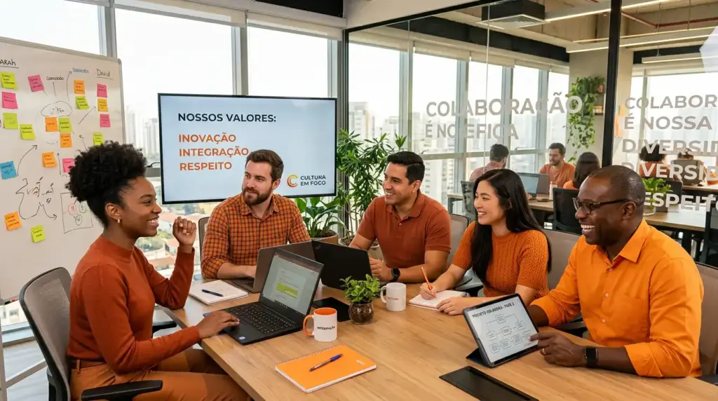 Grupo de pessoas em reunião de endomarketing na empresa, em escritório moderno, com apresentação em telão sobre valores e comunicação, trabalhando em equipe ao redor de mesa