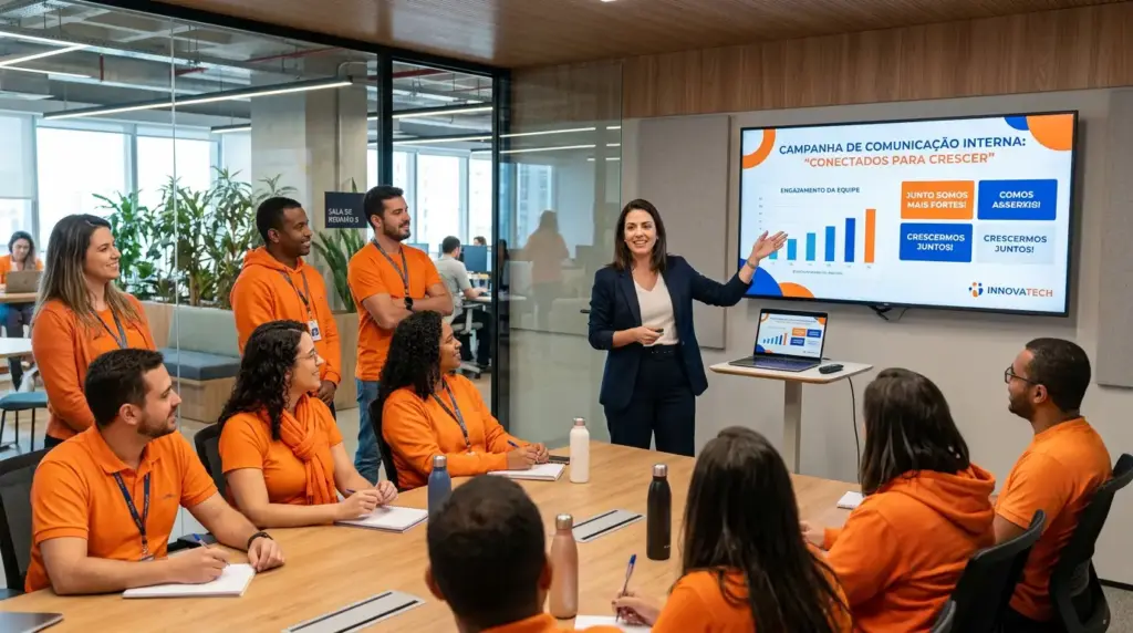 Equipe em reunião de endomarketing: profissionais com camisetas laranja assistem a apresentação em telão sobre campanha de comunicação interna, enquanto a palestrante aponta gráficos e mensagens motivacionais para aplicar na empresa.