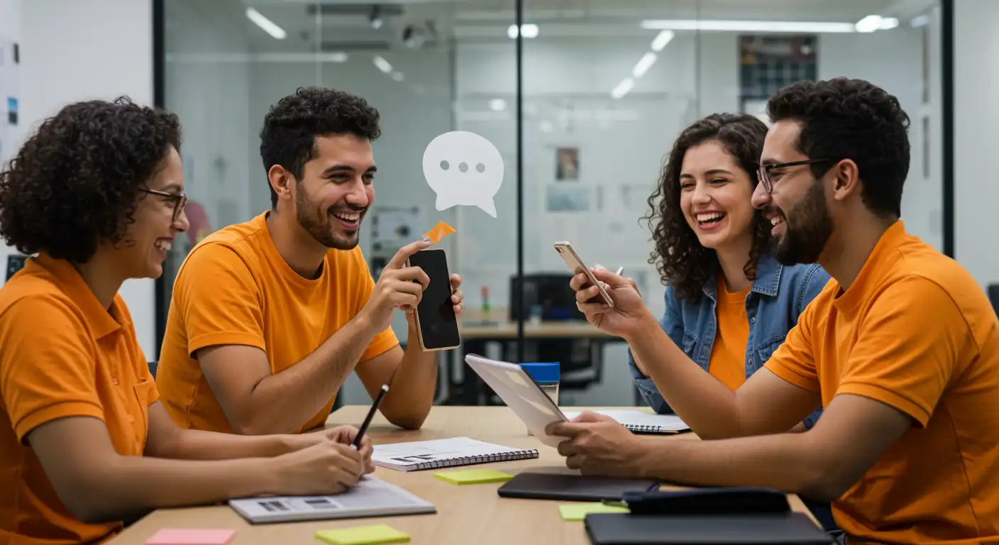 Equipe de profissionais de RH e DP utilizando tecnologias digitais em ambiente de escritório, com celulares, tablets e notebooks, promovendo inovação na gestão de recursos humanos.