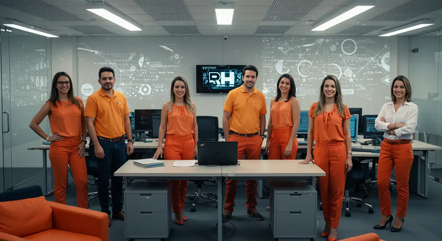 Equipe de profissionais de Recursos Humanos e Departamento Pessoal em um ambiente de tecnologia digital, usando roupas laranja e branca, com computadores e recursos tecnológicos ao fundo, ilustrando as tecnologias digitais para o RH e DP.
