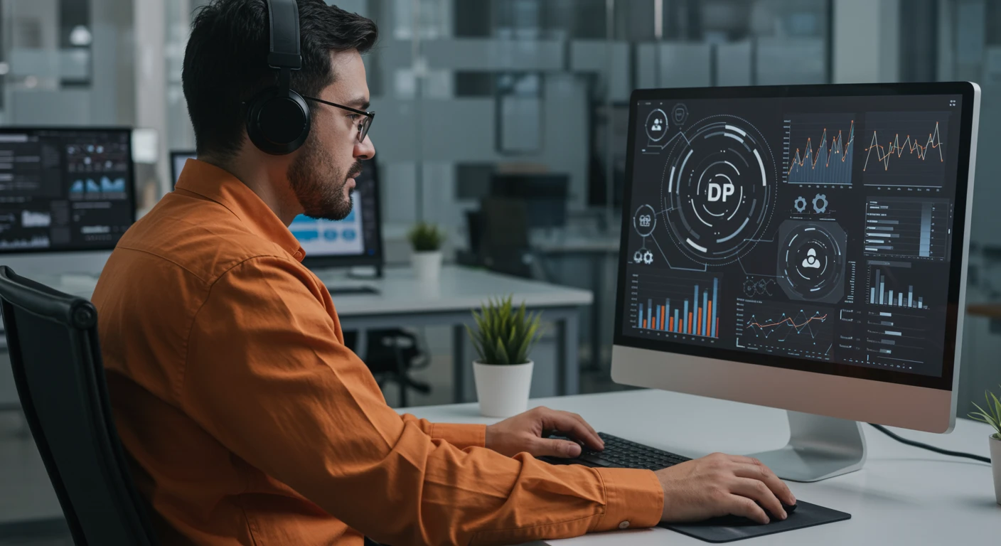 Profissional de RH utilizando tecnologias digitais para a gestão de Recursos Humanos e Departamento Pessoal, com monitor de alta tecnologia exibindo gráficos e dados.