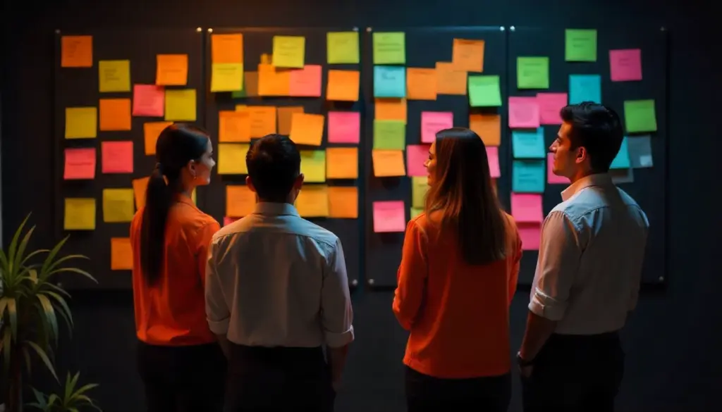 Equipe de profissionais analisando quadro de post-its coloridos representando estratégias de comunicação interna em reunião de trabalho.