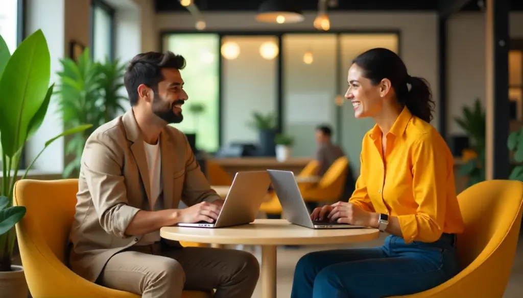Dupla de profissionais sorrindo durante reunião de comunicação interna em um ambiente de escritório moderno e bem iluminado.