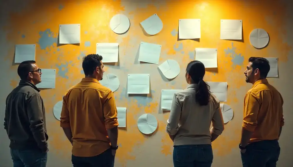 Quatro pessoas discutindo estratégias de comunicação interna em uma parede com vários papéis e ideias para melhorar a comunicação na empresa.