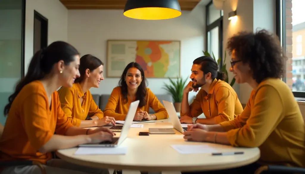 Equipe de profissionais em uma reunião de comunicação interna, discutindo estratégias e promovendo o alinhamento na empresa.