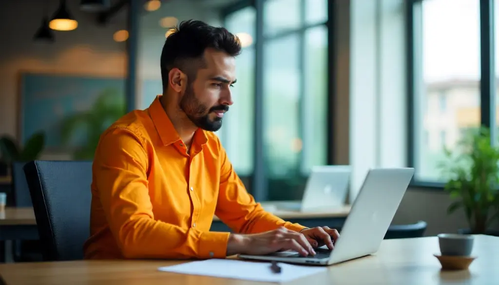 Homem concentrado trabalhando em um laptop em um ambiente de escritório moderno, promovendo a importância da comunicação interna eficiente para o sucesso organizacional.