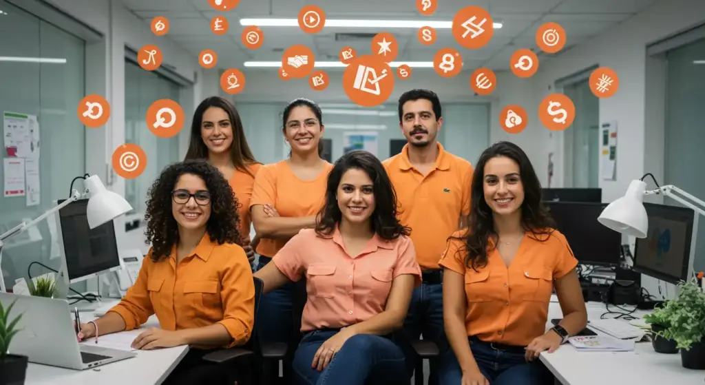Equipe de colaboradores satisfeitos em ambiente de escritório, destacando os benefícios para o colaborador, como bem-estar, motivação e produtividade.