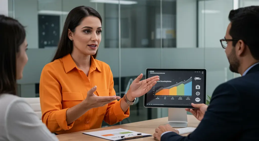 Mulher apresentando benefícios para o colaborador em reunião de negócios, explicando dados e estratégias para equipe.