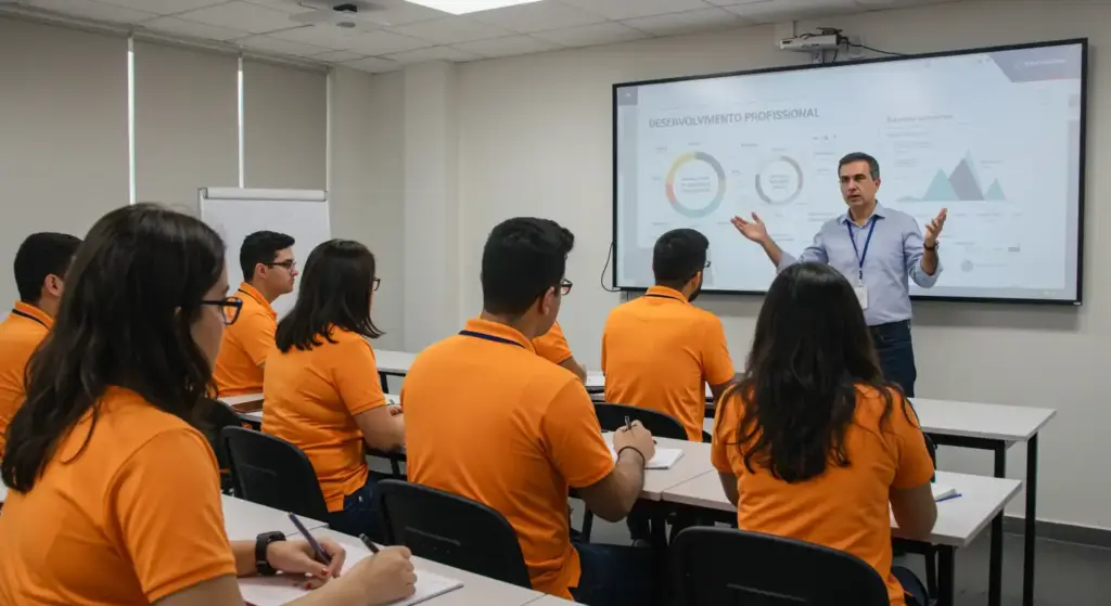 Treinamento corporativo sobre benefícios para o colaborador com equipe de funcionários e instrutor usando quadro digital