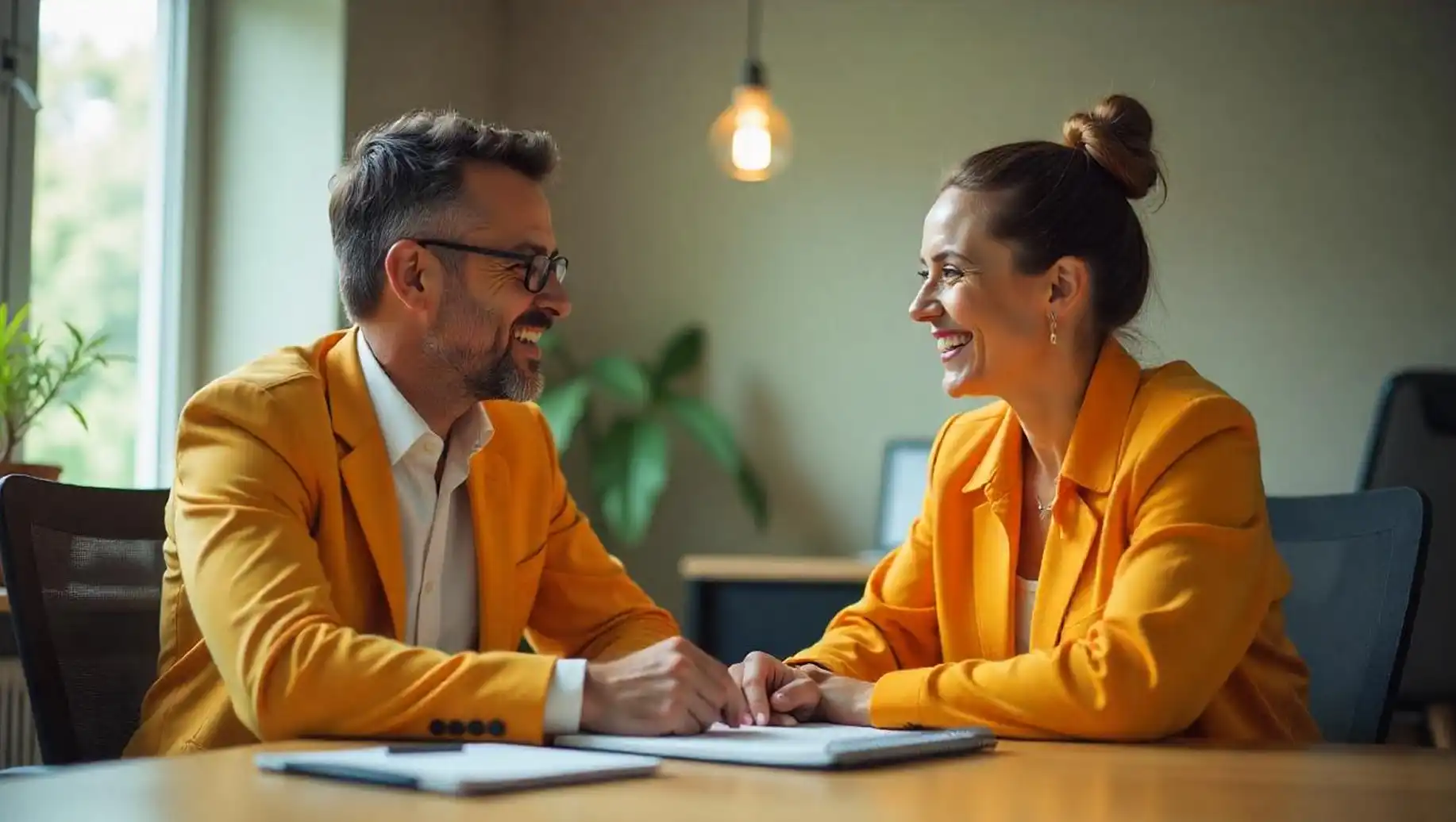 Casal sorridente se comunicando em ambiente profissional durante reunião, ambos vestindo paletós amarelos. Conexão e colaboração em destaque.