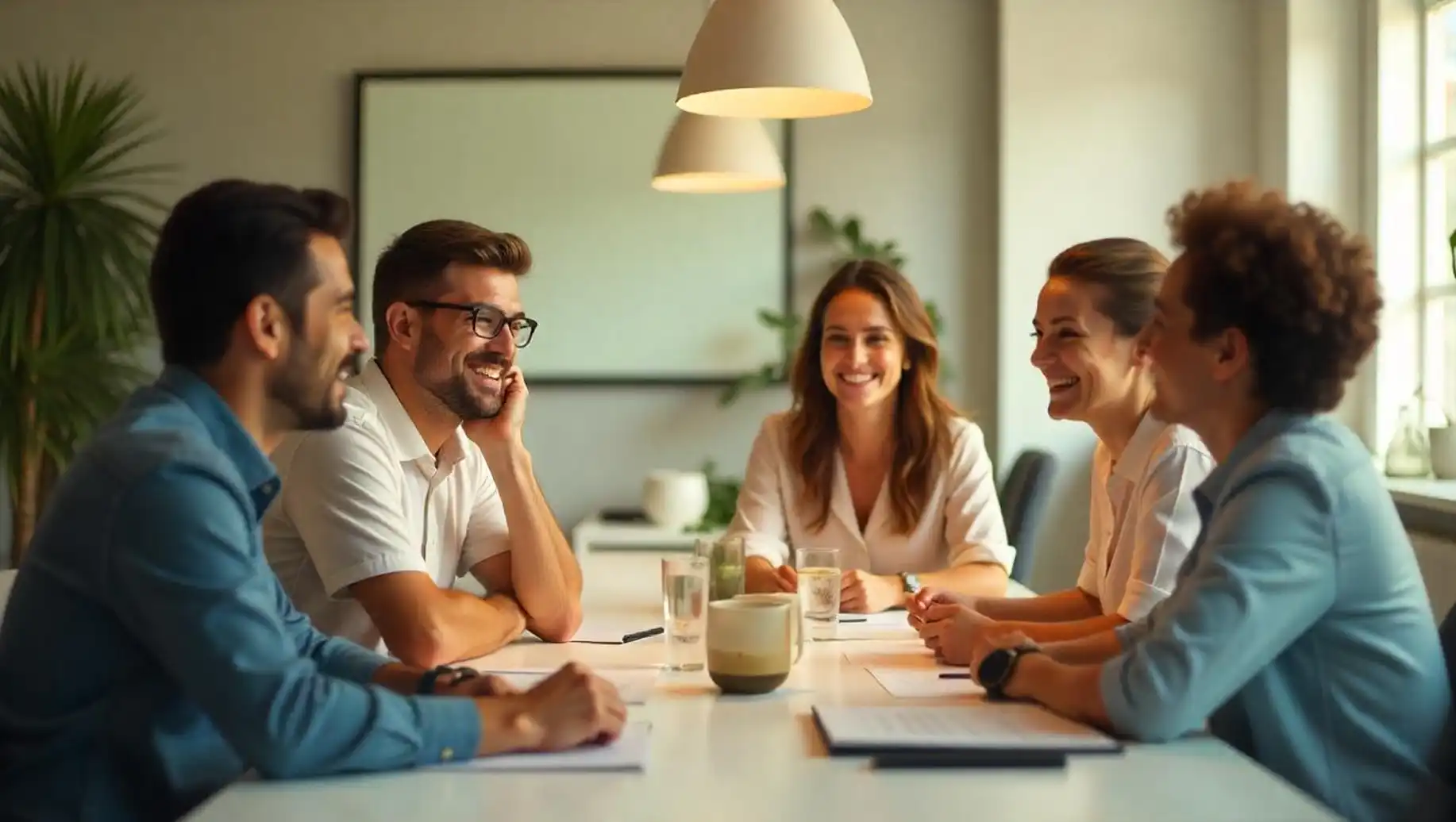 Grupo de profissionais sorrindo durante reunião colaborativa em ambiente moderno. Espontaneidade e interação são evidentes na foto.