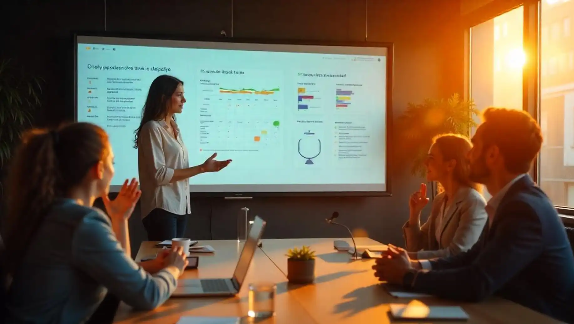 Reunião de negócios com apresentação em slide mostrando gráficos e dados, ideal para estratégias digitais e análises de performance.