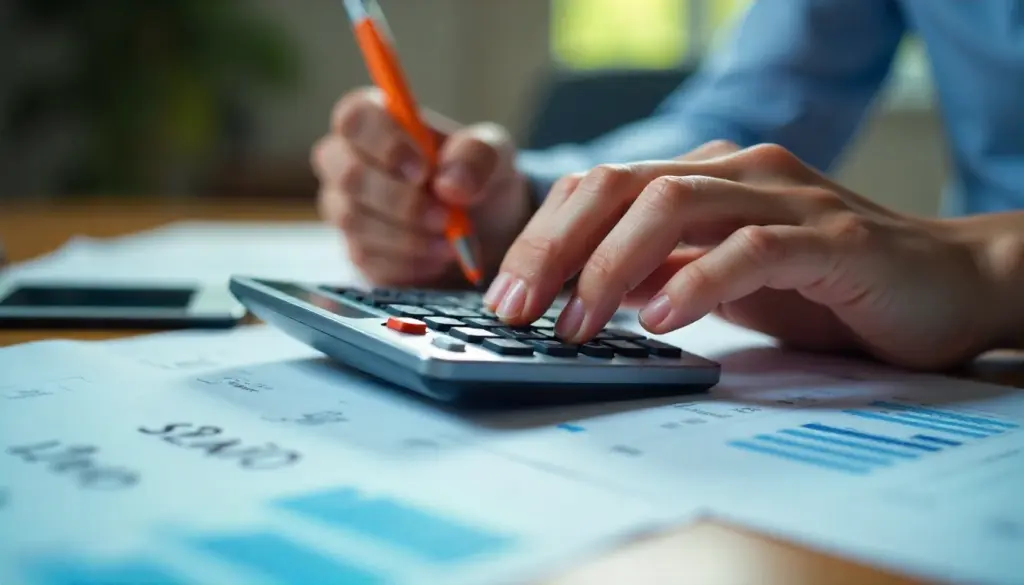 Pessoa calculando o décimo terceiro salário usando uma calculadora, com papéis e caneta em uma mesa de escritório.