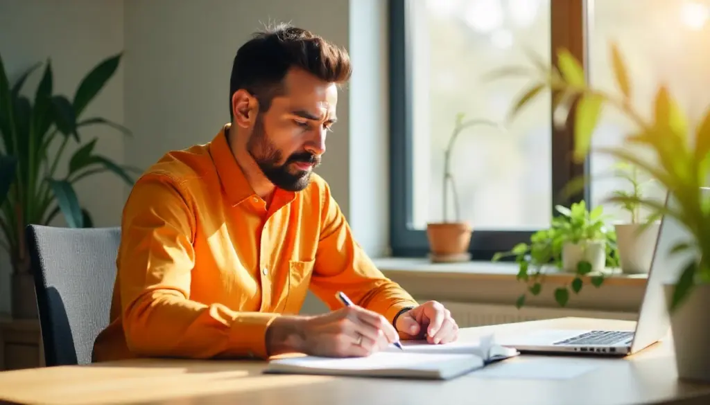 Homem concentrado anotando vantagens do décimo terceiro salário em um caderno enquanto trabalha de forma remota em um ambiente bem iluminado com plantas ao fundo.