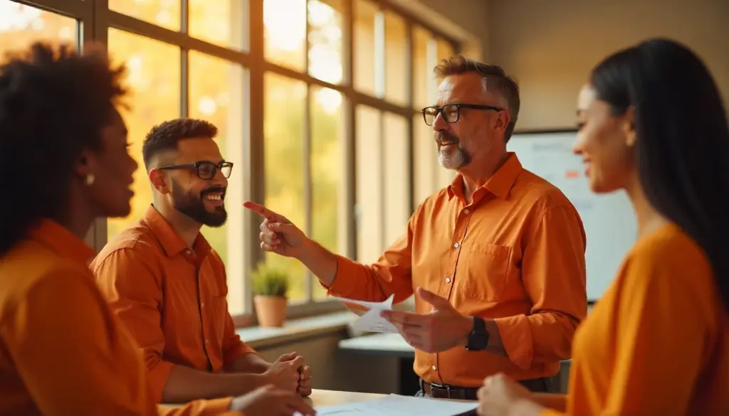 Grupo de colegas de trabalho comemorando o décimo terceiro salário em ambiente de escritório, com expressão de felicidade e confraternização.
