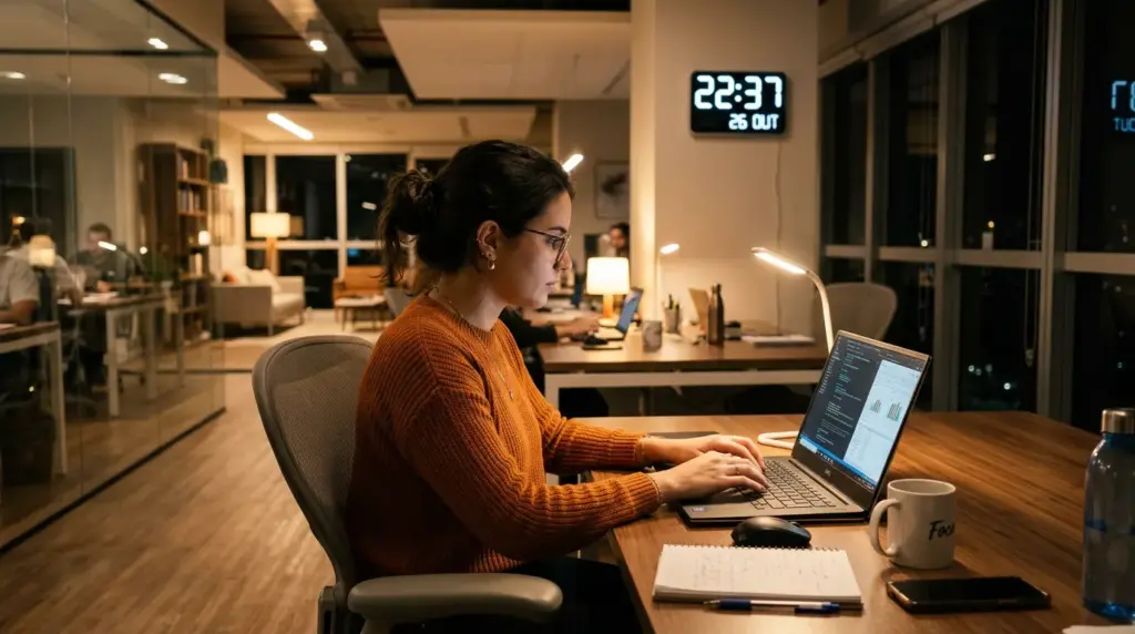 Mulher trabalhando em escritório moderno à noite, digitando no notebook em uma mesa com caneca e agenda. Um relógio digital ao fundo marca 22:37.