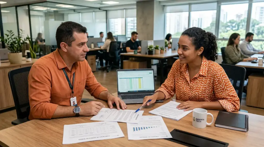Dois profissionais em escritório, sentados à mesa com documentos e notebook, conversando e analisando um quadro de controle, ilustrando Banco de horas: como funciona e o que diz a CLT