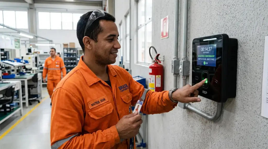 Trabalhador em uniforme laranja realizando registro de ponto em um relógio biométrico digital na parede, em ambiente industrial. Foto para banco de horas: como funciona e o que diz a CLT.