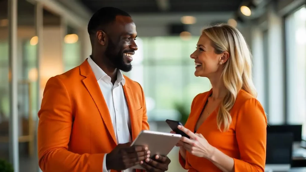 Homem e mulher de negócios sorrindo e conversando em ambiente corporativo, usando roupas laranja, representando sucesso e networking empresarial depois da contratação de brasileiros.