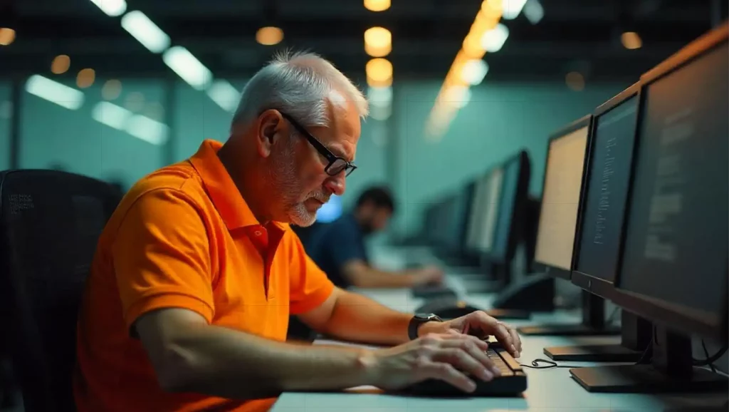 Homem idoso de cabelos brancos, usando óculos e camisa laranja, trabalhando em um computador em ambiente de escritório com várias telas ao fundo com burnout e querendo afastamento do trabalho.
