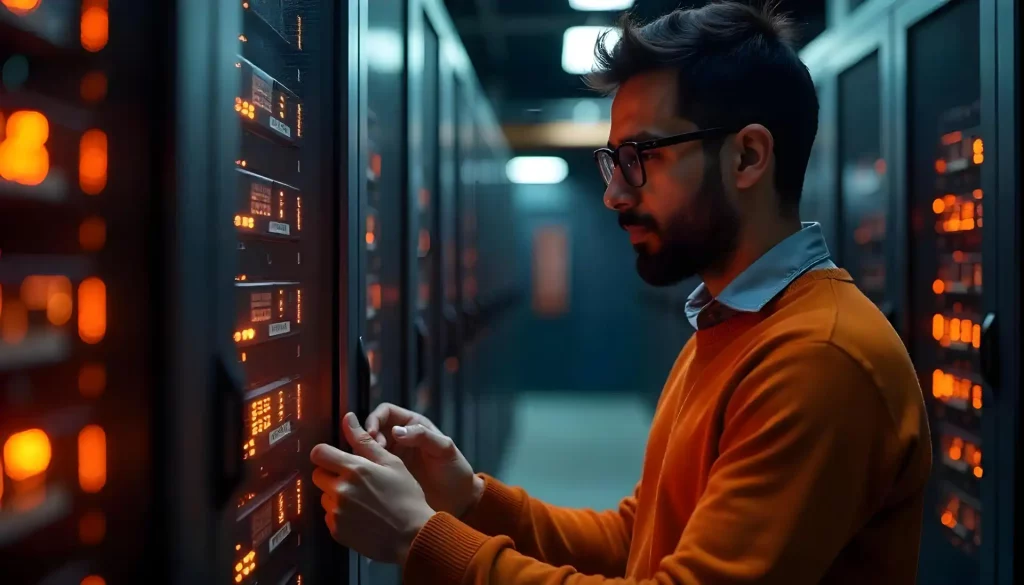 Homem trabalhando em centro de dados com servidores de alta tecnologia, simbolizando armazenamento de dados e infraestrutura de TI vendo IA no mercado de trabalho.