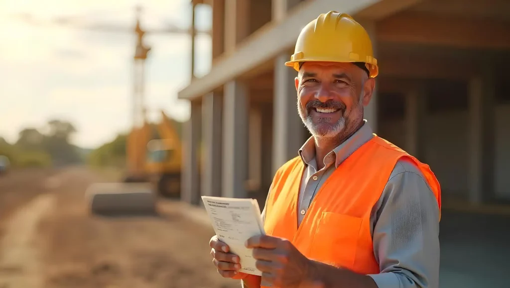 Homem sorridente com capacete de segurança e colete refletivo em um canteiro de obras, segurando um documento. Ele representa a segurança na construção civil pensando no Crédito do trabalhador,