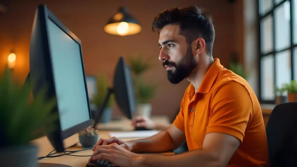Homem concentrado trabalhando em computador em ambiente moderno, sentado em mesa com plantas e monitores. Foco em produtividade e tecnologia pensando em Crédito consignado CLT.