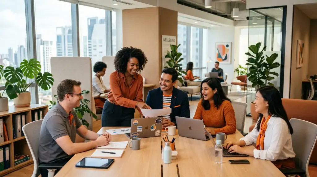 Equipe sorridente trabalhando e colaborando em uma sala moderna com janelas amplas, plantas e laptops, destacando a importância de um ambiente de trabalho saudável nas empresas