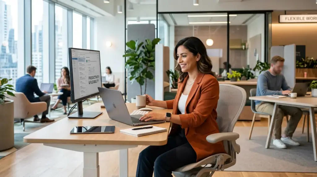 Trabalhadores em um escritório moderno e bem iluminado, com uma profissional sorridente sentada em mesa equipada com notebook, destacando a importância de um ambiente de trabalho saudável nas empresas.