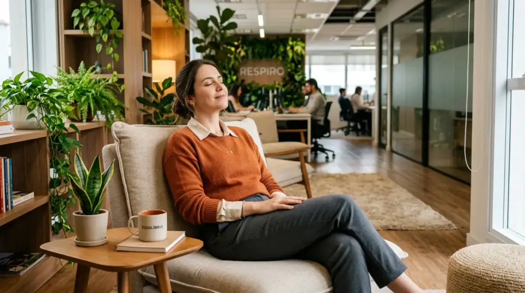 Mulher em ambiente corporativo moderno, sentada relaxada em uma sala de descanso com plantas e luz natural, ilustrando a importância de um ambiente de trabalho saudável nas empresas.