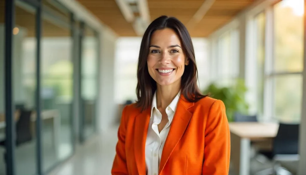 Mulher empresária sorridente em ambiente de escritório moderno, vestida com blazer laranja, transmitindo profissionalismo e otimismo.