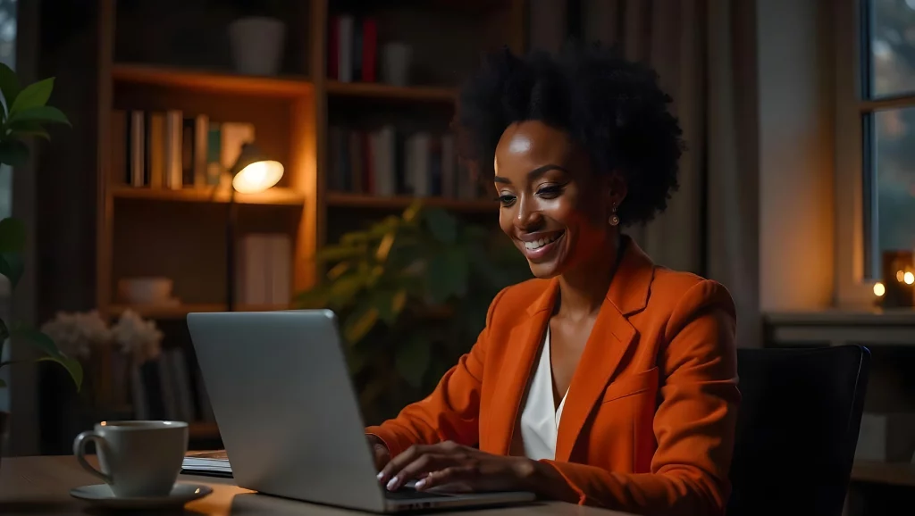 Mulher sorridente usando laptop em ambiente aconchegante com decoração moderna. Ela está em um escritório caseiro elegante, trabalhando e tomando café pensando em portabilidade.