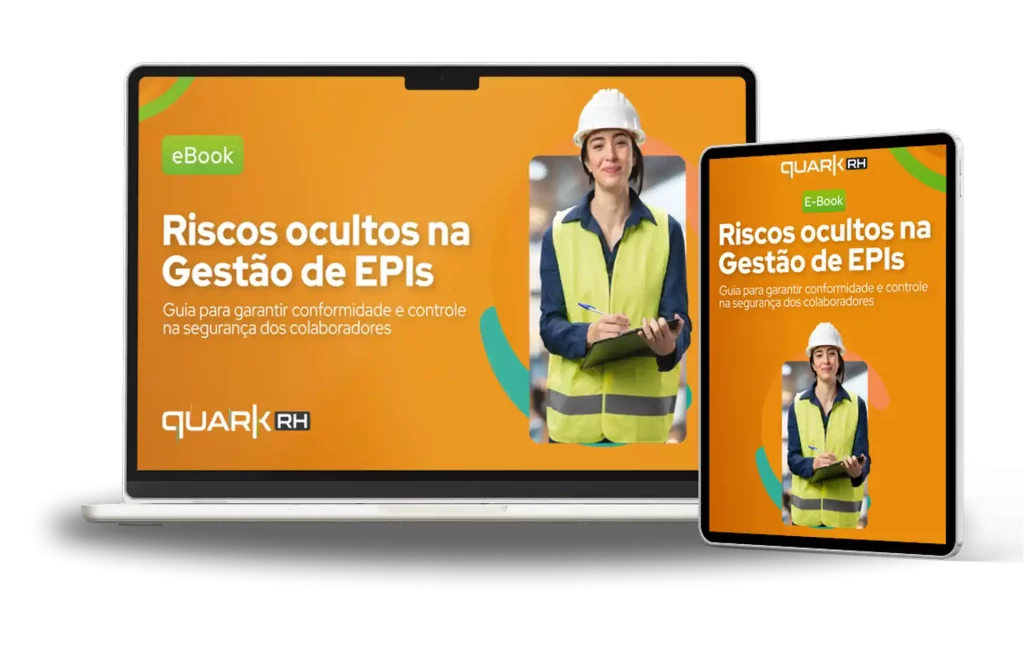 Capa de ebook sobre riscos ocultos na gestão de EPI com uma mulher engenheira usando uniforme de segurança, exibido em dispositivos de computador e celular.