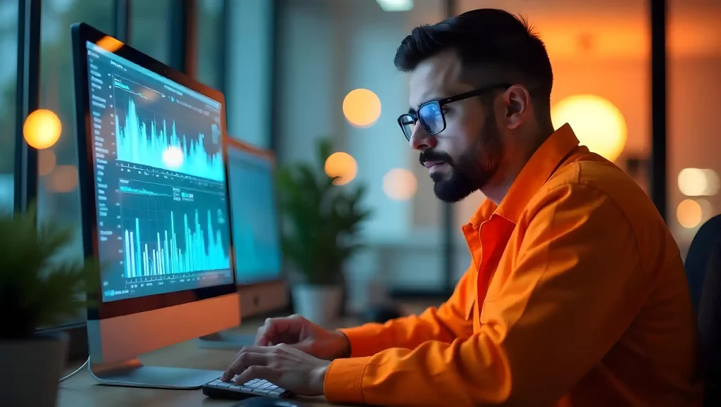 Homem analisando dados em seu computador em um ambiente de escritório com iluminação agradável, focado em gráficos de análise de dados pensando que a IA transforma.
