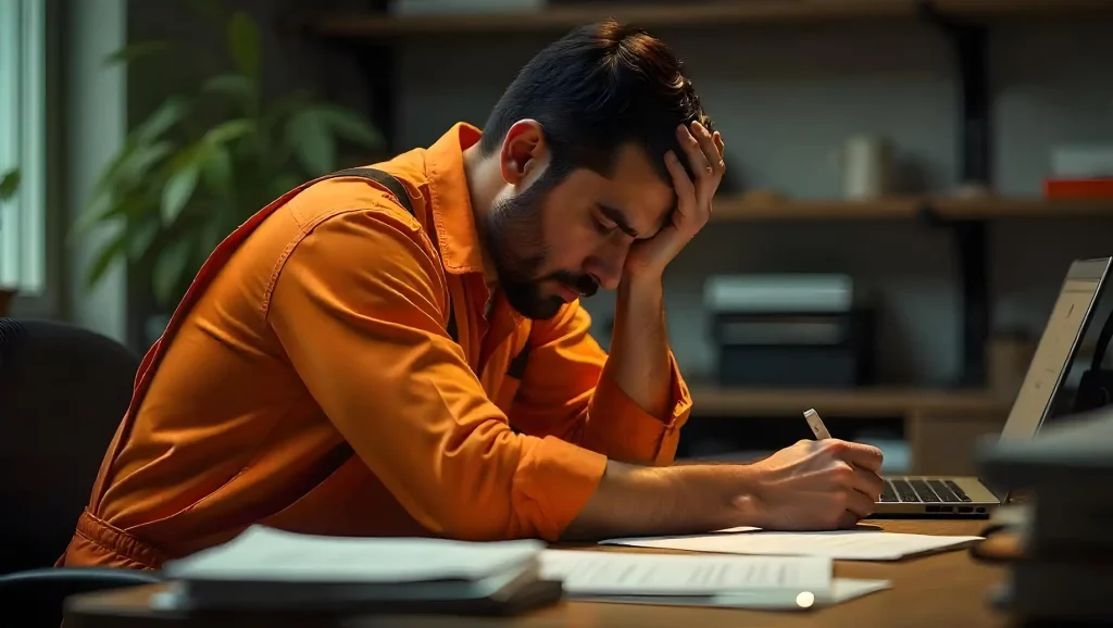 Homem com expressão de frustração no trabalho, segurando a cabeça com uma mão e escrevendo em uma mesa com documentos e laptop ao fundo, ambiente de escritório fazendo Hora extra