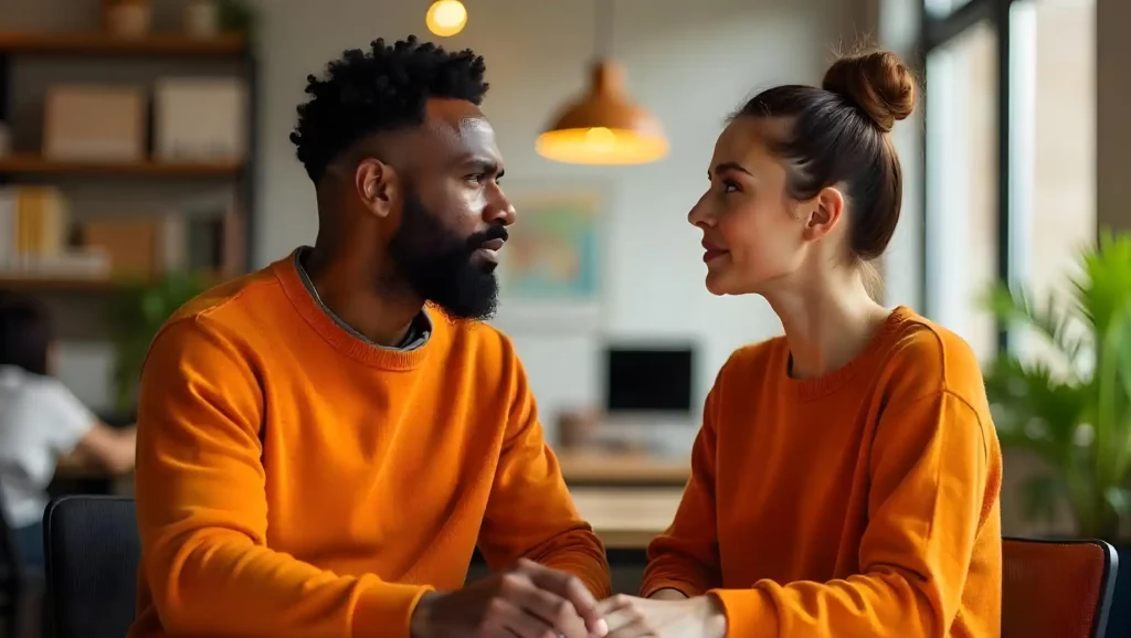 Homem e mulher sorrindo e conversando em um ambiente de coworking, ambos usando roupas laranja, demonstrando comunicação e conexão, pensando em Namoro no trabalho.
