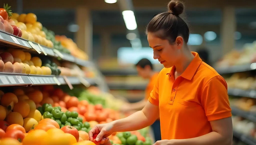 Mulher escolhendo frutas em supermercado, destacando a variedade de hortifrúti para compras saudáveis pensando no trabalho nos feriados.
