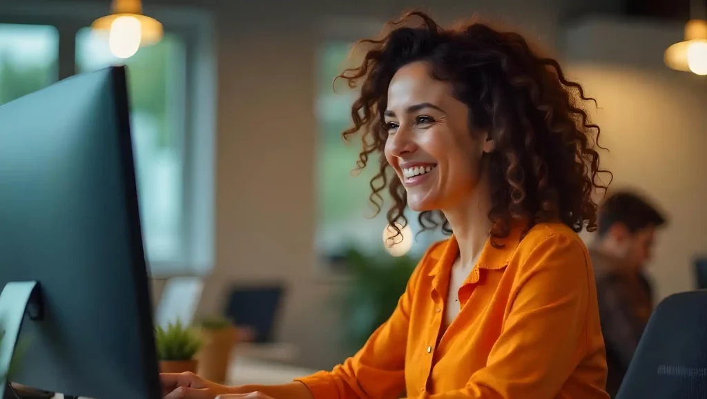 Mulher feliz usando computador em ambiente de escritório, com cabelo cacheado e sorriso contagiante, destacando a importância do bem-estar no trabalho pensando na digitalização no RH.