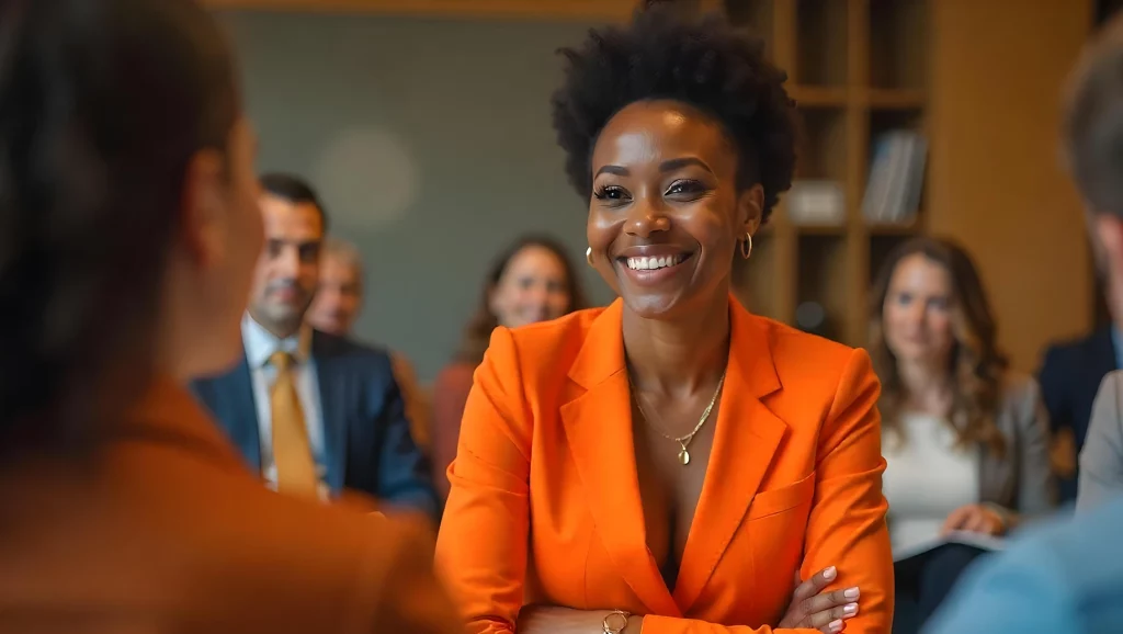 Mulher negra sorridente em reunião de negócios, usando blazer laranja, em um ambiente profissional com colegas ao fundo, transmitindo confiança e liderança pensando em estratégia de DEI.