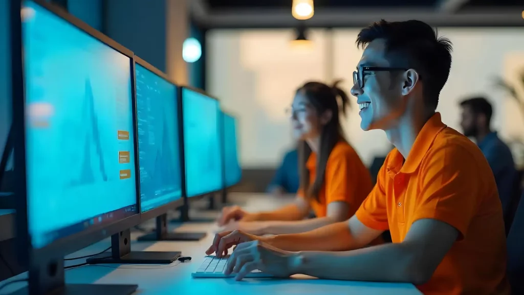 Estudantes em um laboratório de informática, focados em computadores de última geração, participando de atividade educacional tecnológica. Felicidade no trabalho