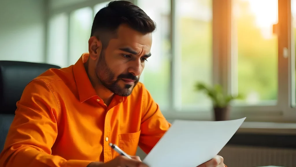 Homem de rosto pensativo usando camisa laranja, lendo documento em escritório com iluminação natural ao fundo, simbolizando análise de documentos. Atraso no pagamento.