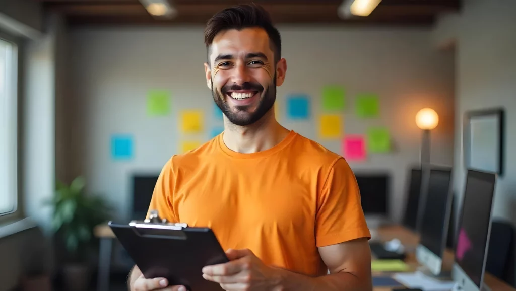 Homem sorridente segurando um clipboard em um ambiente de escritório moderno, com computadores e post-its coloridos ao fundo, promovendo um ambiente de trabalho positivo e produtivo. Requalificação profissional