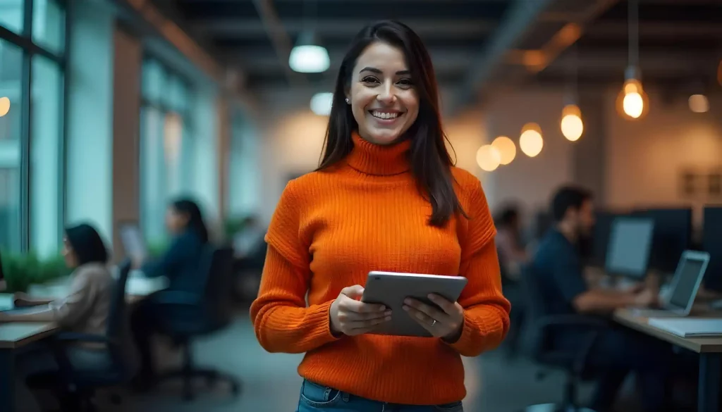 Mulher sorridente usando celular em ambiente de coworking com outros profissionais ao fundo, promovendo produtividade e a importância de KPIs do RH.