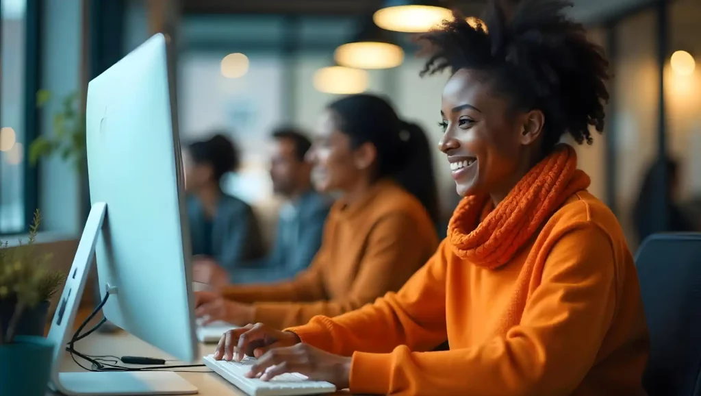 Mulher sorridente trabalhando em um computador no escritório, com colegas ao fundo, cenário com iluminação moderna, ambiente profissional e colaborativo. Felicidade no trabalho